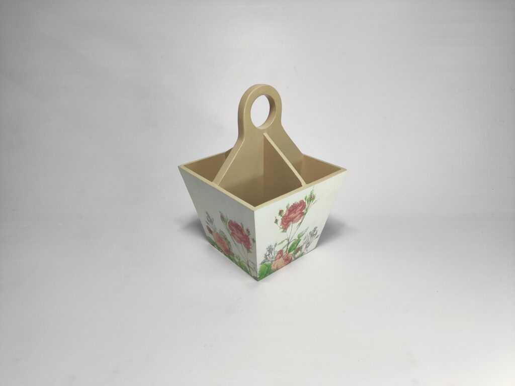 Peach rose decoupage wooden cutlery holder with floral design