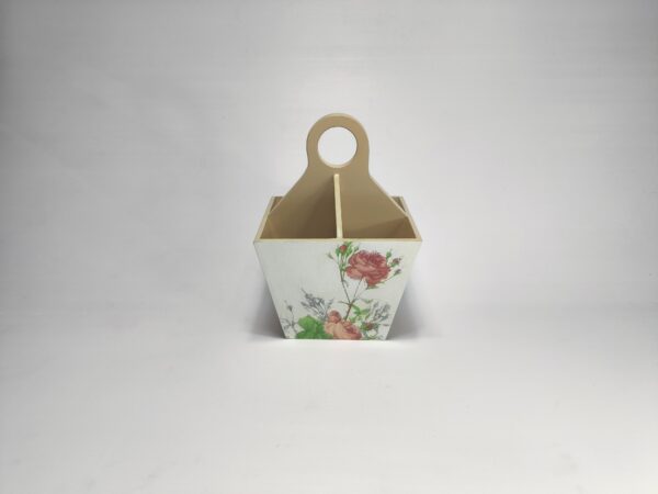 Peach rose decoupage wooden cutlery holder with floral design