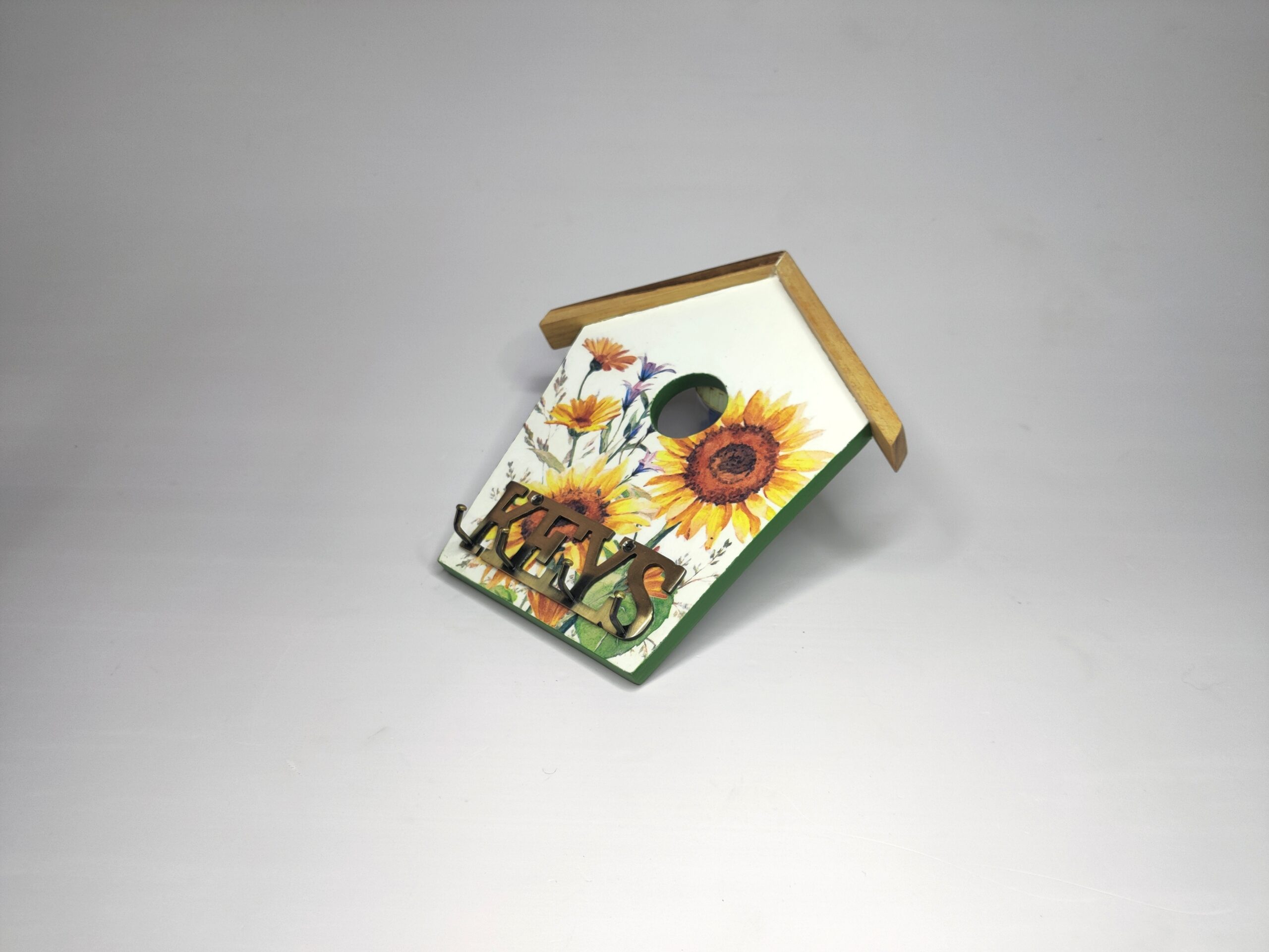 Sunflower Decoupage House Key Holder 2 Decorative wooden key holder featuring sunflower decoupage design